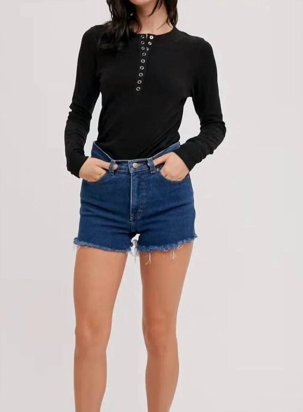 NEW BLUIVY ribbed henley knit top in black